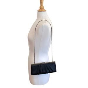 Jessica McClintock Black Satin Pleated Evening Clutch / Handbag, Chain Strap